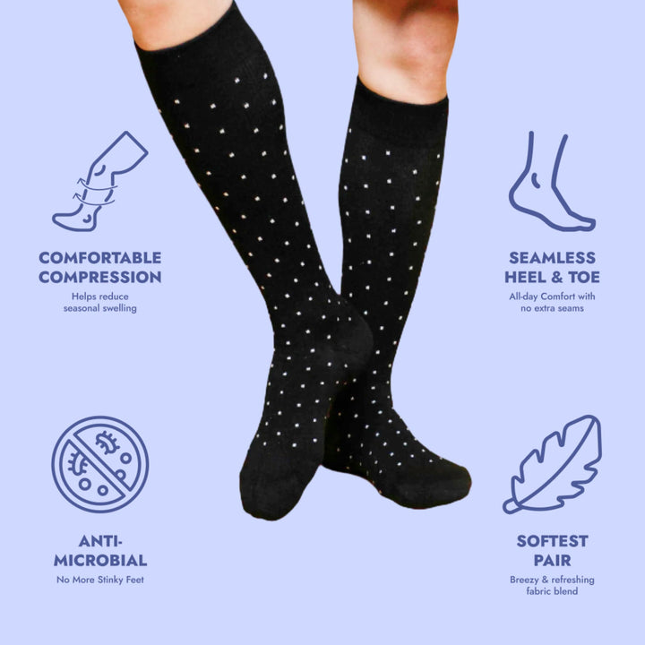Bamboo Wide Compression Socks - Black Polka Dot