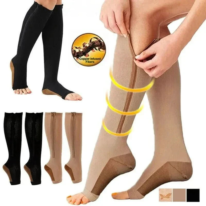 Compression stockings with zipper for improved circulation